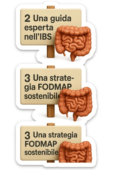 emoji stile iphone di 3 targhette numerate con intestino realistico davanti ad ogni targhetta, le targhette sono:
"1 – Un piano chiaro e strutturato
2 – Una guida esperta nell’IBS
3 – Una strategia FODMAP sostenibile"
, iperrealistico 4k sticker