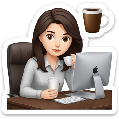 white girl with dark brown/black hair with fresh blowout sitting at a desk with coffee and computer sticker