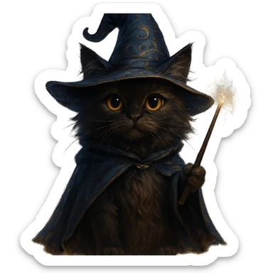 wizard cat wearing a magical hat, holding a wand, magical fantasy style sticker