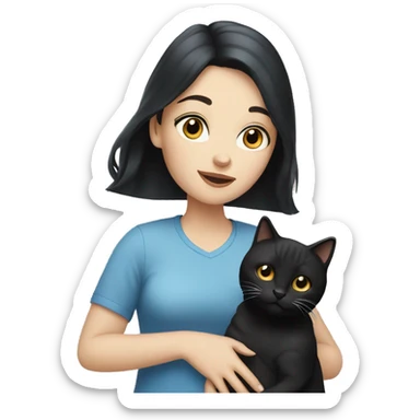 Pale woman with black hair and blue eyes holding a tabby cat sticker