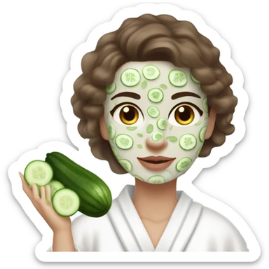 White girl with Brown hair and blue eyes wears a Green colored skincare clay textured mask and puts on cucumbers around her eyes while She relaxes in her white Robe sticker