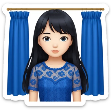 Long hair asian girl with curtain bangs with a blue lace top on with GG written sticker
