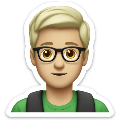 White boy with black hair wearing glasses and wearing tshirt and green cardigan sticker