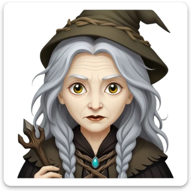 Baba Yaga sorceress woman with long wild hair, forest background sticker