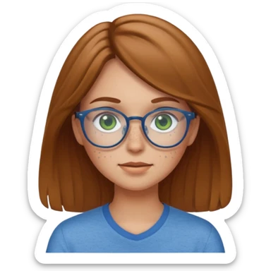 Create an emoji of a girl with light brown hair medium length hair, green eyes, freckles, glasses and wearing a blue shirt sticker