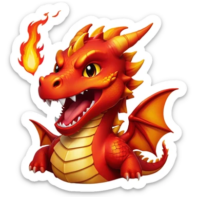 Cinematic Cute Yawning Fierce Fire Dragon Portrait Emoji, Head tilted slightly with a dramatic, wide-open yawn, revealing a fearsome yet endearing scaled visage bathed in searing reds and oranges, with gentle flames licking around its open mouth; rendered with realistic detail and flickering natural light, high shine, relaxed yet fierce, styled with a dash of smoldering charm, soft glowing outline, capturing the essence of a sleepy but spirited inferno ready to unleash a tender blaze of warmth! sticker