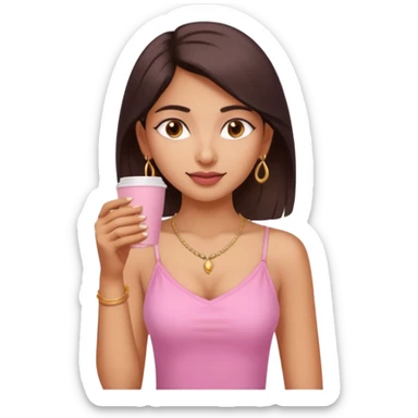 a pretty fair indian bratz girl with a pink cami top, drinking takeaway brown coffee, golden dainty necklace sticker