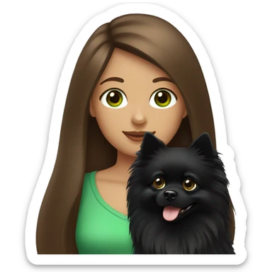 girl with brown long hair, green eyes holding a black Pomeranian spitz dog sticker