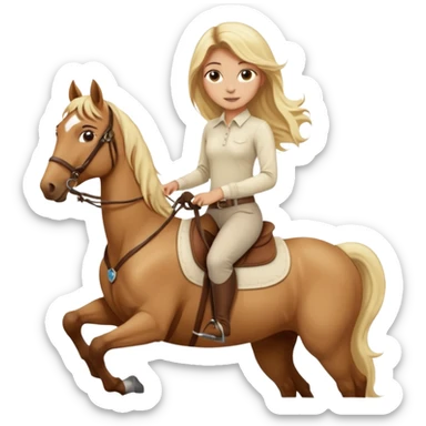 Tan girl with long blonde hair wearing a cream colored long sleeve shirt and riding pants on top of a brown horse with 4 legs sticker