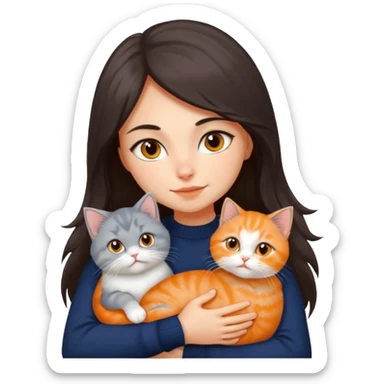 a girl with long dark brown hair, in a navy sweater, hugs a persian peaknose grey cat and persian peaknose orange and white kitten sticker