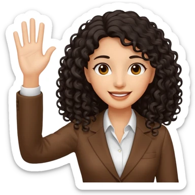 medium deep tan brown business woman with long black curly hair, waving hand with happy face and holding a laptop sticker