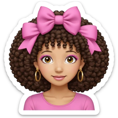 Naturally tan skin girl short darkBrown curly afropink shirt very long lashes hoop gold earrings Brown eyes gyaru smiling closed mouth cute non perfect circular afro. Pink bow hairclip sticker