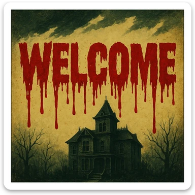 Welcome text with bloodier dripping blood effect in retro horror movie poster style, keep rest of banner unchanged sticker