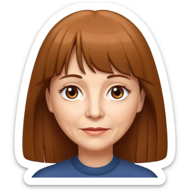 60 yr old woman, very small brown eyes, long straight brown hair, bangs,  sticker