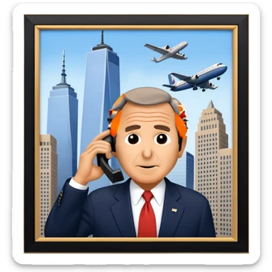  emoji of the world trade center with a plane crashed into it and george bush on a phone in front of them sticker