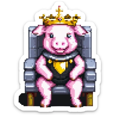 pixel art pig with a golden crown sitting on a throne, blocky and square like Minecraft, inspired by Technoblade sticker