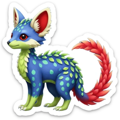 Feral Rare Fantasy vibrant tropical red and indigo and lime-collred Vernid-Trico-species-creature by LiLaiRa, random markings, tufted tail, tufted ears, full body sticker