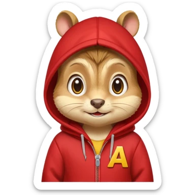 Portrait of a cute cartoon chipmunk with light brown and beige fur, wearing a red hoodie no zip with a yellow 'A' on it, big round eyes, small nose, and a mischievous grin, front-facing, stylized in animated movie style sticker