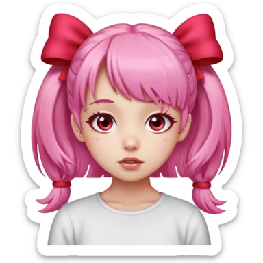 Faz uma garota de pele clara Seus olhos são grandes e rosa-avermelhados, sempre brilhantes e emotivos. O cabelo é rosa claro, preso em dois rabos de cavalo laterais com laços vermelhos, e sua franja é cheia, caindo sobre a testa de forma suave. sticker