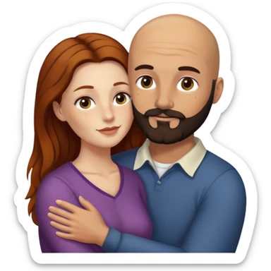 Couple. Bald man with dark brown-black beard. White woman with many small, faded freckles, she has white skin and she has auburn-yellow-brown-cinnamon, dark long hair. She has light brown eyes. The man have hazel eyes. Retro style. They hug. sticker