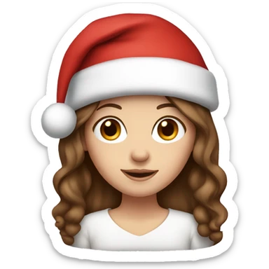 White girl with brown hair wearing a Santa hat sticker