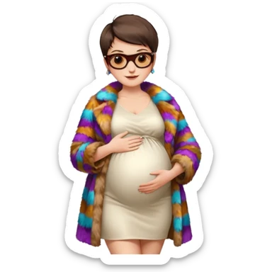 pregnant stylish woman with short pixie brunette hair happily touching her big belly while wearing white dress and fancy brown fur coat and colorful shades sticker