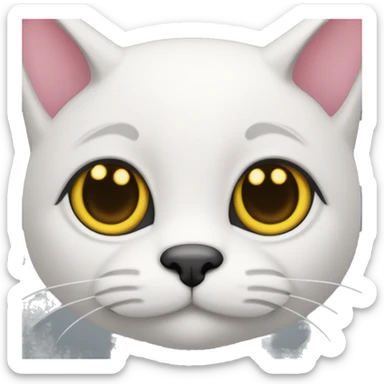 Cat with clear white face, little black spot like mustache under nose, pink ears, and full forehead and under ears the fur is black, yellow eyes, no stripes sticker