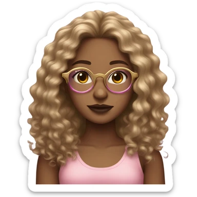 long haired wavy curly girl with dirty gold glasses and light skintone with light igari pink makeup  sticker