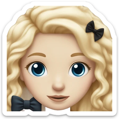 pale blonde girl with long rosy blonde hair with blue eyes and wearing a black bow holding a calico kitten also wearing a bow sticker