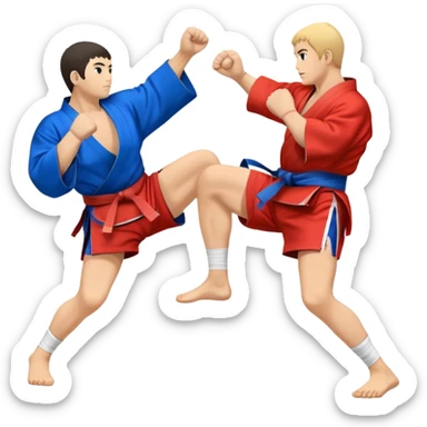 An icon symbolizing Sambo, featuring two fighters in blue and red kimonos with shorts and wrestling shoes. One executes a powerful throw, while the other attempts a defensive grab. The fighters are engaged in a grapple, using joint locks and sweeps.  sticker