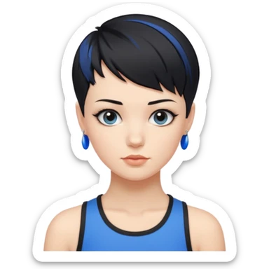 frau freche extreme schwarze Kurzhaarfrisur eine Seite wirklich fast keine Haare andere Seite mit blauer Strähne kurze Seite noch viel kürzer sticker