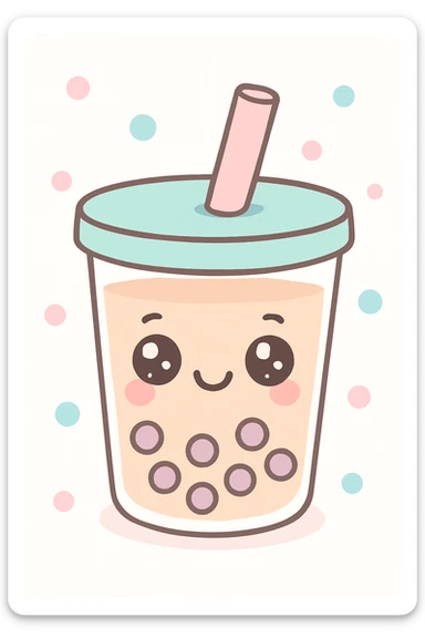 cute kawaii style bubble tea with a smiling face, pastel colors, big eyes, and a straw sticker