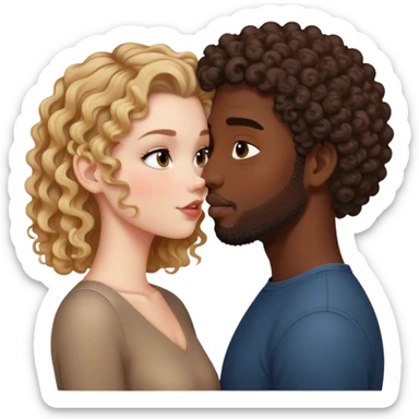 White curly girl with long hair kisses black man with short haircut sticker