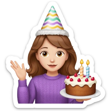 A pretty white girl with hazel brown eyes and brown wavy hair in a cosy white knit sweater, she is celebrating her birthday sticker