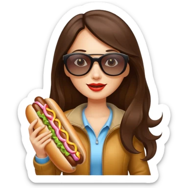 tourist brunette long hair woman with sunglasses holding hot dog sticker