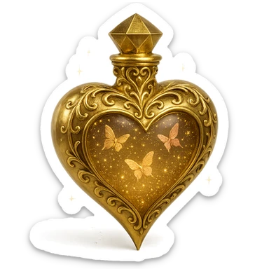 Add ornate, luxurious golden filigree and decorative details around the heart-shaped bottle, inspired by the style in the reference images. Keep it elegant and not too cartoonish. The bottle should remain #c0ff53 with glitter liquid, pink butterflies, magical dust, crystal neck, and a sharp heart point at the bottom. Maintain the composition and transparent background. sticker