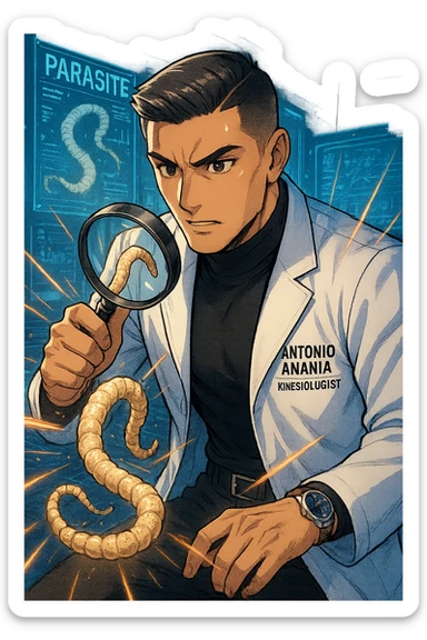 A dynamic manga/webtoon-style illustration of a young male kinesiologist wearing a clean white lab coat, analyzing light beige worms like a tapeworm under a magnifying glass. His expression is focused and slightly intrigued, with sharp, detailed eyes. The art style is vibrant, with bold linework, rich colors, and dramatic lighting. The background is a futuristic laboratory with glowing holographic screens displaying parasite data. The tapeworm is intricately drawn, slimy and segmented, with a slightly exaggerated yet realistic texture. The composition is dynamic, with motion lines or energy effects to emphasize his scientific investigation. The atmosphere is intense but not dark, keeping a balance between scientific seriousness and stylish manga aesthetics, he has "ANTONIO ANANIA" WRITTEN ON WHITE LAB COAT sticker