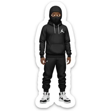 a Black individual wearing a ski mask or balaclava. Pose the Black individual standing like a 'YN', wearing black Nike tech pants sagging and Air Jordan 4 Retro White Tgunders. Keep the hood up and style realistic. Remove the background. The style should be realistic and detailed. sticker