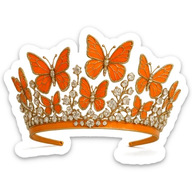 butterfly crown with a tangerine orange base, butterflies in bright orange enamel, sparkling gems sticker