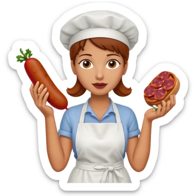 Charcuteraa con un chorizo y embutido en la mano con una redecilla en el pelo y delantal blanco sticker