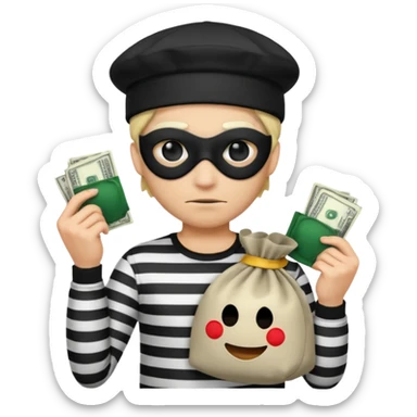 Realistic ios emoji-style portrait of a classic burglar, a black eye mask and a black-and-white striped shirt. emoji-like hair, black hat, a bag of money 💰 with a dollar sign in a right corner, evil expression  sticker
