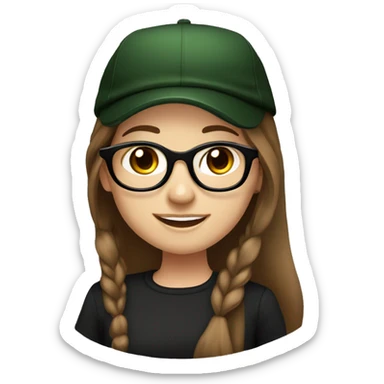 Slavic girl, light skin, smiling with teeth, round brown eyes, spotted frame glasses, long brown straight hair, black T-shirt, dark green cap, black badge ribbon. sticker