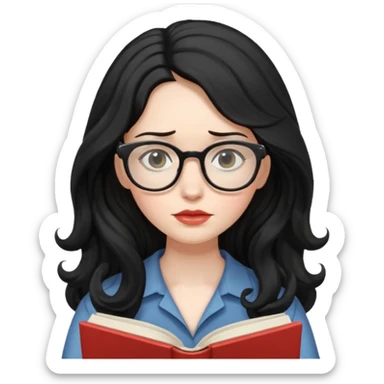 Long Hair Women with Book, Black wavy hair, sad

 sticker