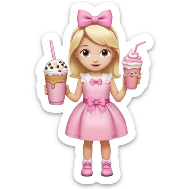 A little girl with a Dunkin' milkshake and a donut with pink frosting and marshmallows, wearing a pink coquette-style dress with bows and blonde hair. sticker