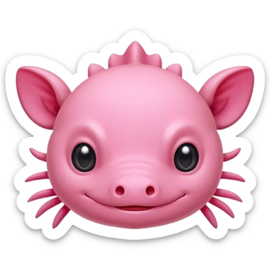 Cartoon pink axolotl face emoji, front view, flat wide head, external gills on both sides, big round eyes, small mouth, no snout, vector style, flat colors, transparent background. sticker