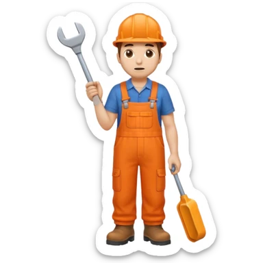 railway engineer, looking tired in full orange overalls, boots, holding a spanner emoji sticker