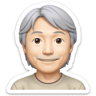 ​Cinematic Realistic Portrait of a Smiling Shigeru Miyamoto, depicted with warm, approachable features, gentle grey-tinted hair, and kind, expressive eyes, set against a subtle backdrop hinting at iconic video game imagery, rendered with lifelike textures and soft, inviting lighting that captures his innovative spirit, sticker
