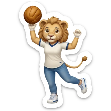 friendly anthropomorphised female lion wearing a baseball shirt, jeans, and trainers, lifting something up sticker