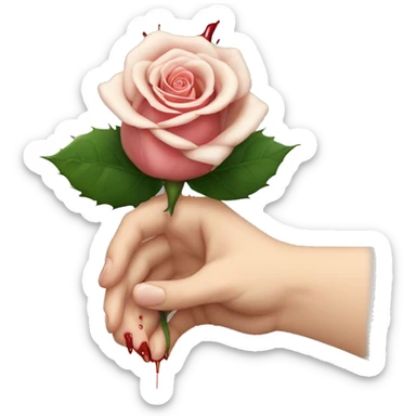 An image of a hand holding a rose, with a thorn piercing the skin, showing a small drop of blood sticker