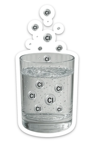 un bicchiere di acqua fluttua in aria realistico e dettagliato, dentro l'acqua del bicchiere ci sono particelle di cloro ben visibili con la scritta "Cl" sopra, ci sono particelle anche che escono dal bicchiere e fluttuan
o in aria verticalmente, mentre alcune sono all'interno dell'acqua nel bicchiere, iperrealistico 4k sticker